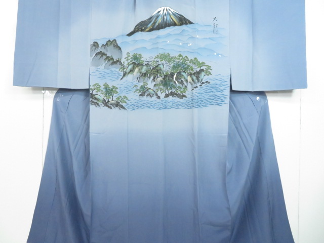 リサイクル　男物長襦袢　袷仕立て　精華　富士山に海辺・松風景文